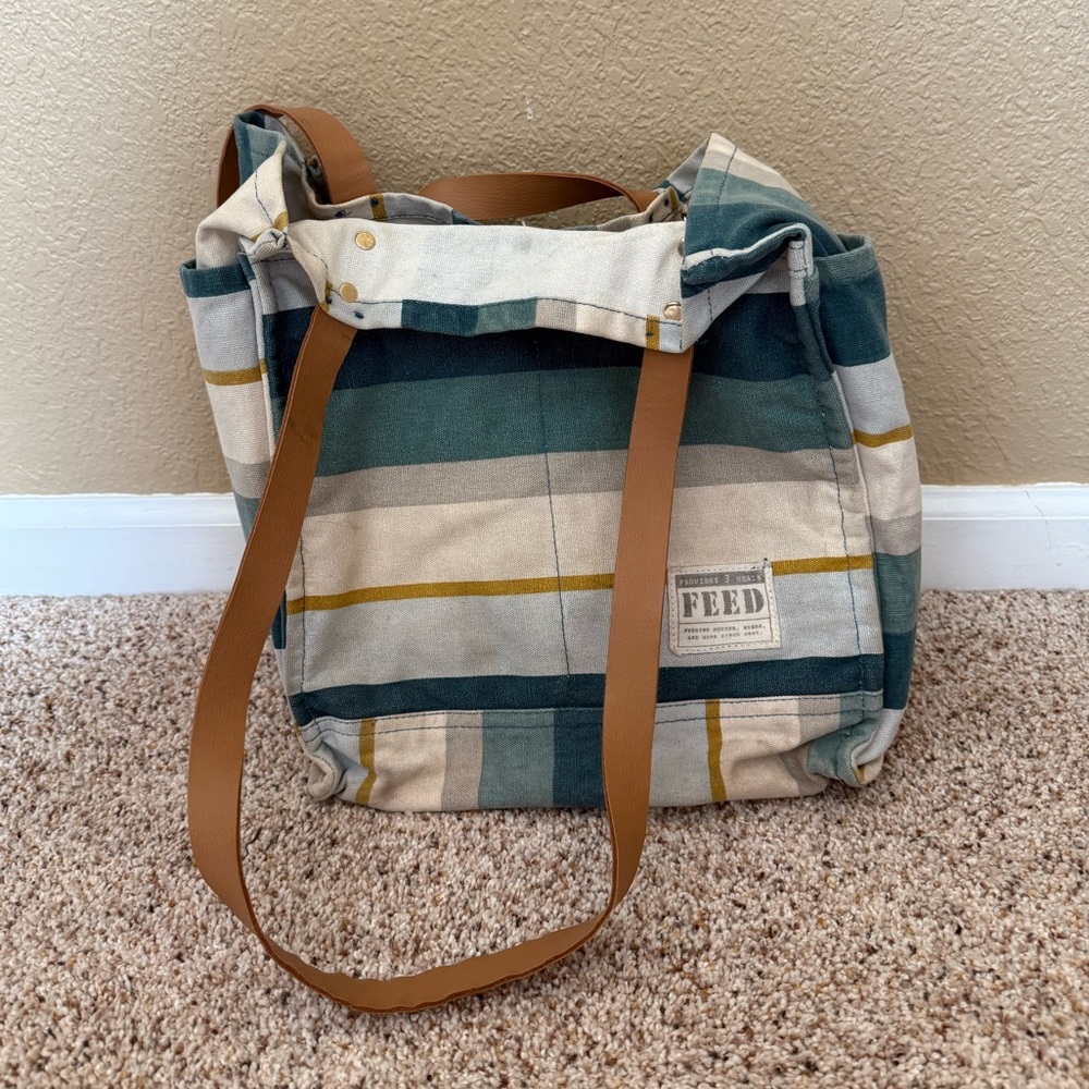 FEED Striped Canvas Tote Bag - Blue and Tan